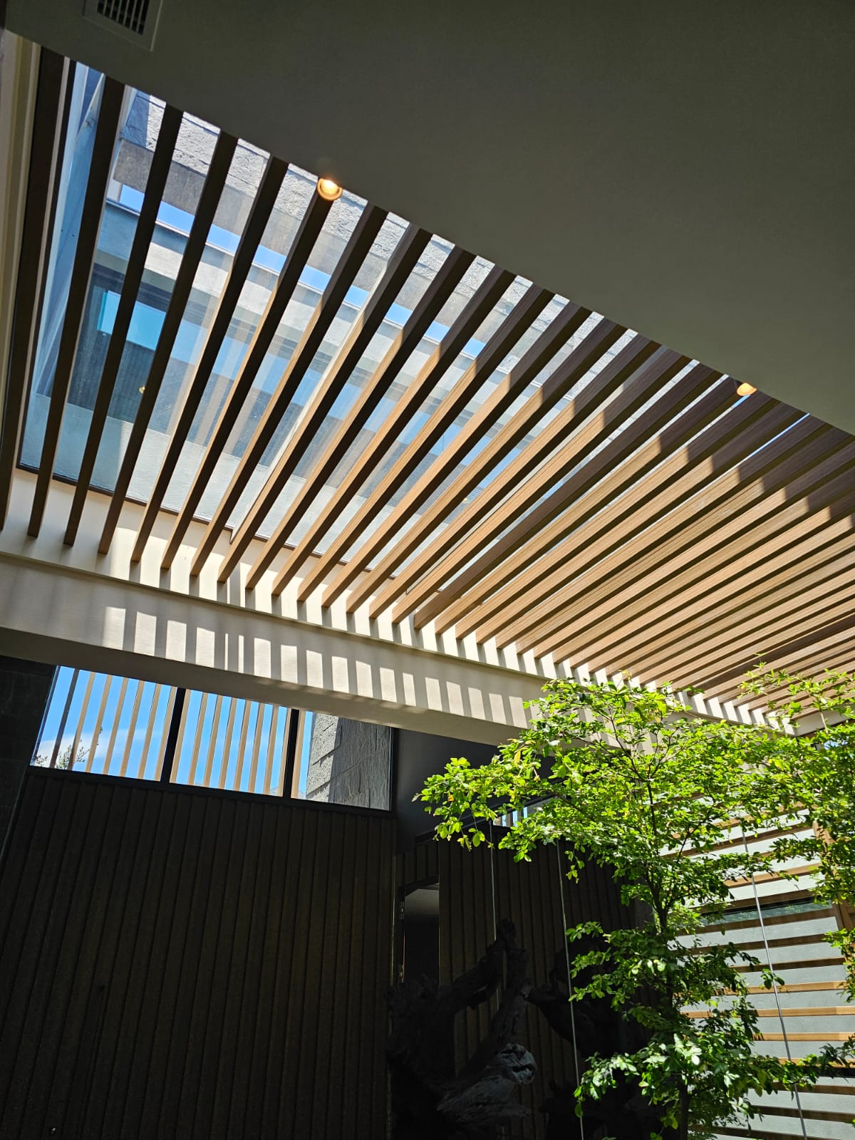 Pérgola y Celosía de Madera en Doble Altura